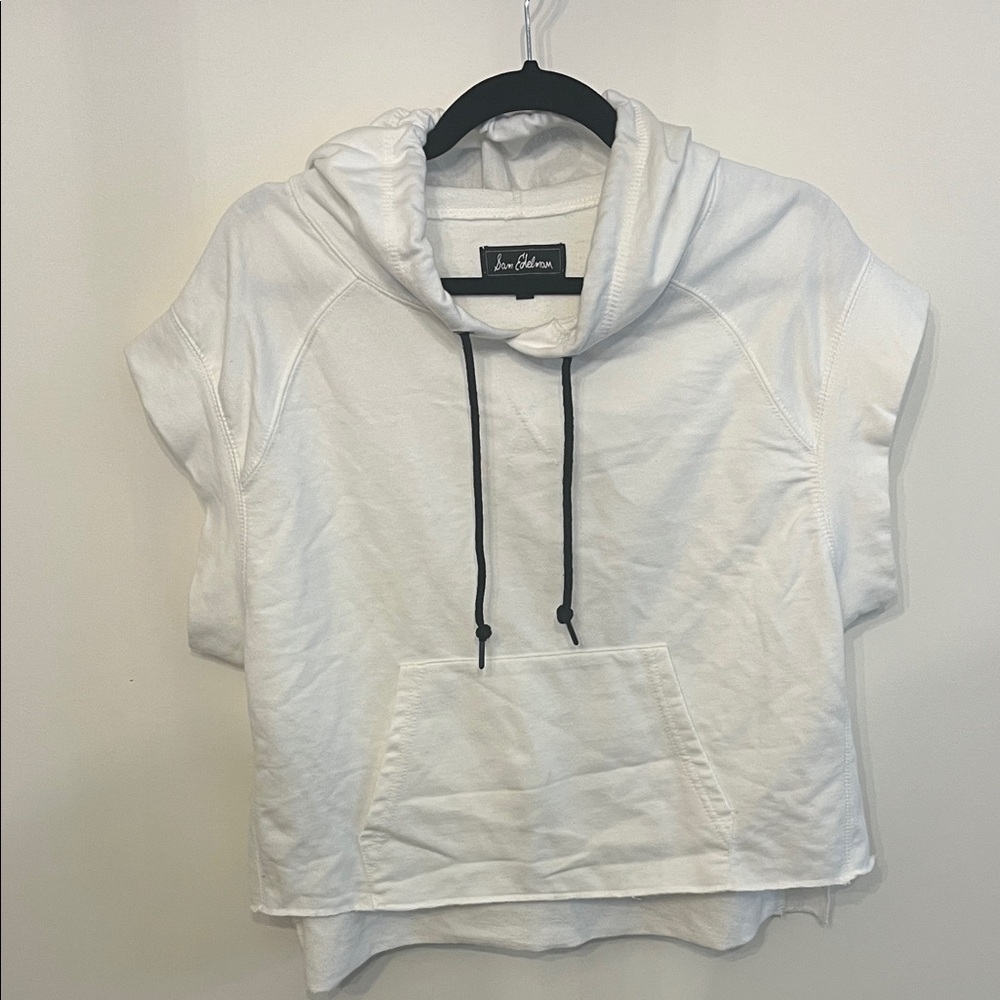 Sam Edelman White Short Sleeve Hoodie with Black Drawstrings
